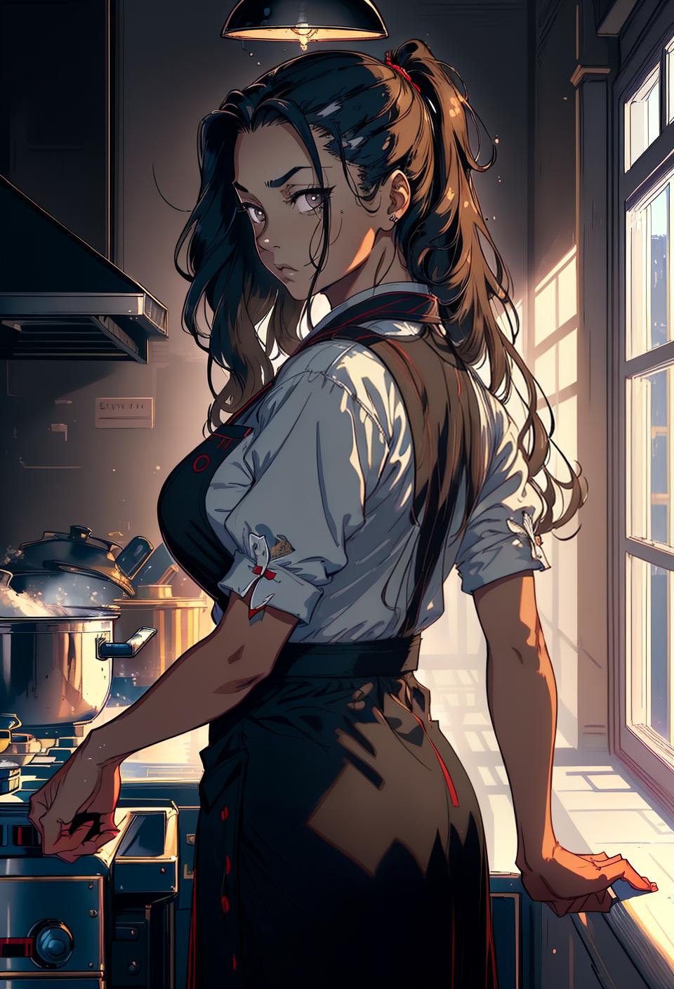  ((trending, highres, masterpiece, cinematic shot)), 1girl, mature, female cook, large, palace scene, very long wavy brown hair, hair slicked back, large grey eyes, sarcastic personality, mischievous expression, very dark skin, epic, clever