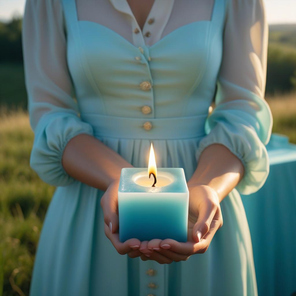  cinematic photo A girl holds a square candle made of wax in her hand, light blue in color on a sunny day. . 35mm photograph, film, bokeh, professional, 4k, highly detailed hyperrealistic, full body, detailed clothing, highly detailed, cinematic lighting, stunningly beautiful, intricate, sharp focus, f/1. 8, 85mm, (centered image composition), (professionally color graded), ((bright soft diffused light)), volumetric fog, trending on instagram, trending on tumblr, HDR 4K, 8K