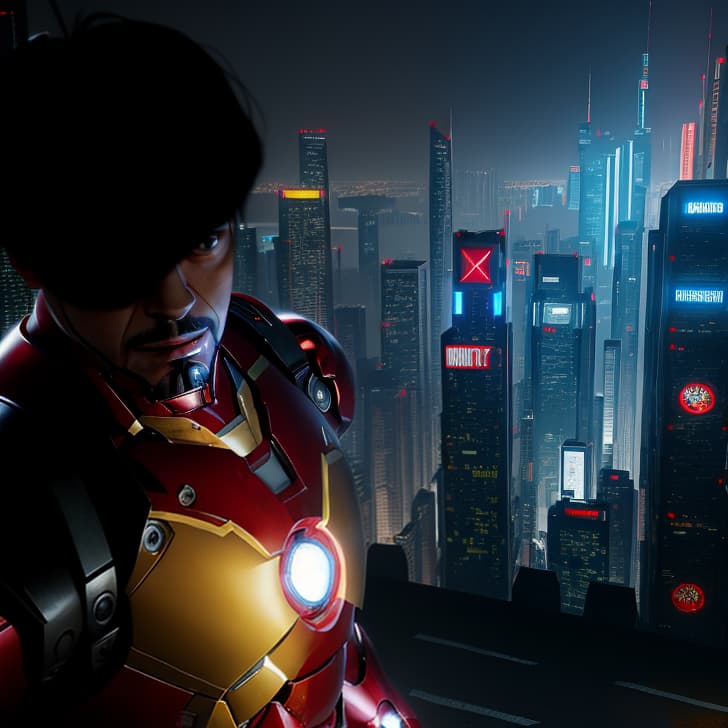  masterpiece, best quality, masterpiece, 8k resolution, realistic, highly detailed, Iron Man close up. He stands on a street lined with tall buildings in a cyberpunk style city at night. The city's night lights are bright, and the surrounding buildings and streets are full of cyberpunk elements such as neon lights, high tech equipment and futuristic architectural design.