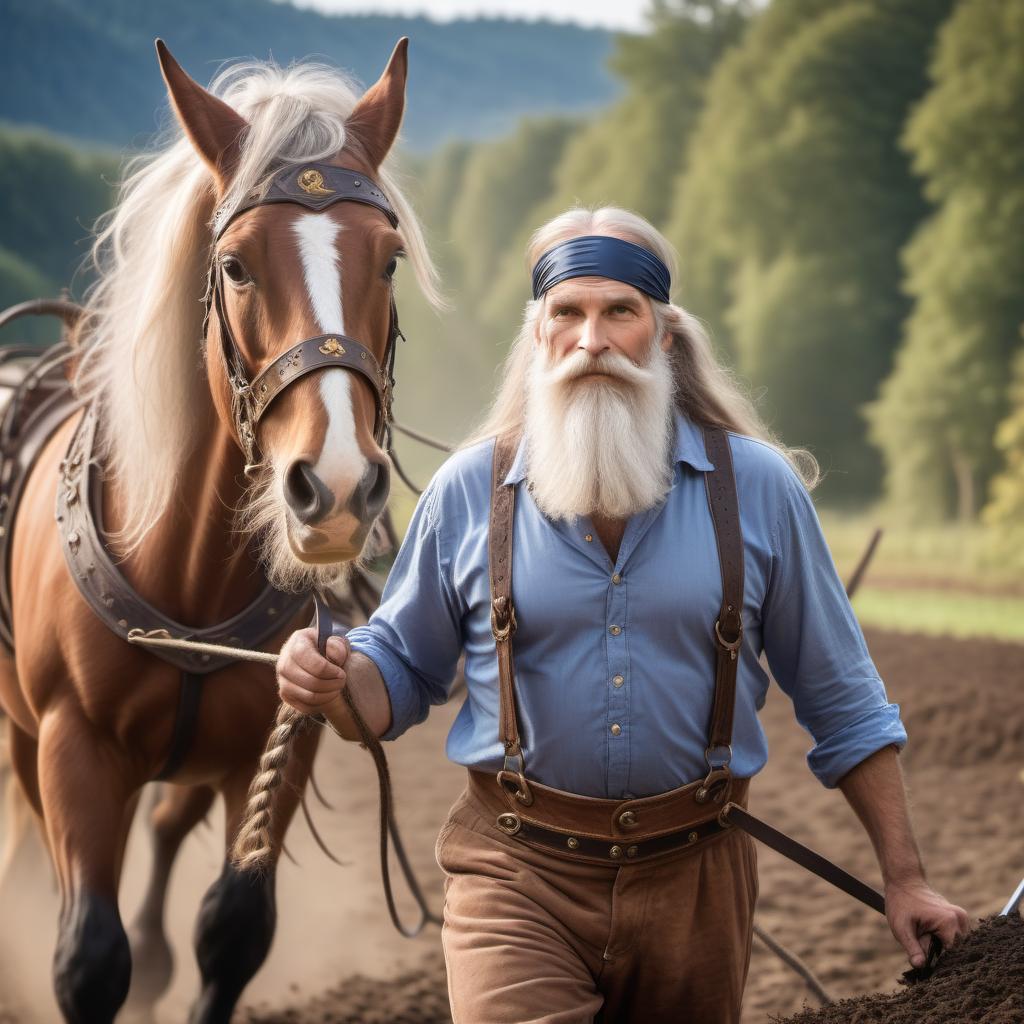  fairy tale athletic man 60 year with a long beard and hair headband in a canvas shirt plowing the ground with a plow horse in harness, photographic quality, 8K, . magical, fantastical, enchanting, storybook style, highly detailed