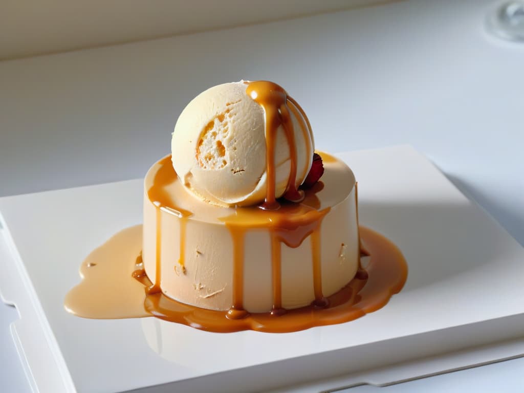  A closeup, ultradetailed image of a delicate, perfectly crafted sphere of liquid caramel slowly cascading over a scoop of creamy vanilla ice cream, glistening under a soft spotlight. The rich caramel appears almost sculptural, with a glossy surface reflecting the light in intricate patterns, while the velvety ice cream below seems to be melting slightly at the edges, creating a mesmerizing contrast of textures. The background is a subtle gradient of muted pastel colors, enhancing the minimalist aesthetic of the composition. hyperrealistic, full body, detailed clothing, highly detailed, cinematic lighting, stunningly beautiful, intricate, sharp focus, f/1. 8, 85mm, (centered image composition), (professionally color graded), ((bright soft diffused light)), volumetric fog, trending on instagram, trending on tumblr, HDR 4K, 8K