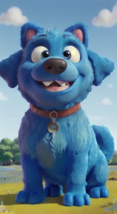  {A happy, big blue dog wagging its tail in a colorful meadow, The big blue dog is large with sky blue fur, big round eyes, a black nose, and floppy ears.