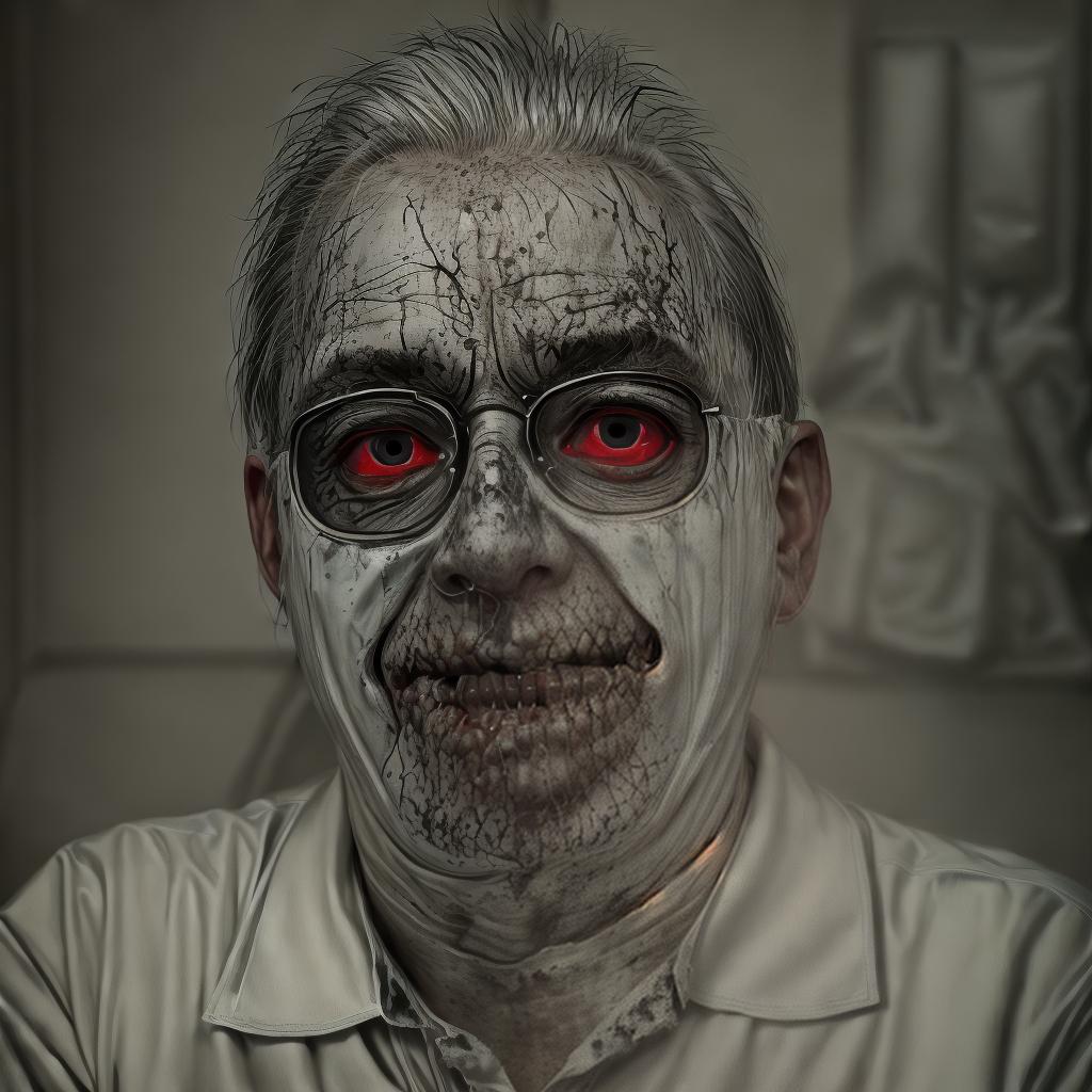  portrait of a man transformed into a zombie, undead features, pale skin, darkened eyes, tattered clothing, horror theme, hyperrealistic, high resolution ar 1:1, high resolution, sharp focus, (perfect image composition), ((masterpiece)), (professionally color graded), ((bright soft diffused light))
