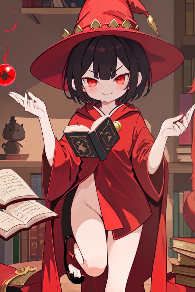   , , short hair, wearing red robe, opening a magic book, wearing a witch hat, smug face, a leg