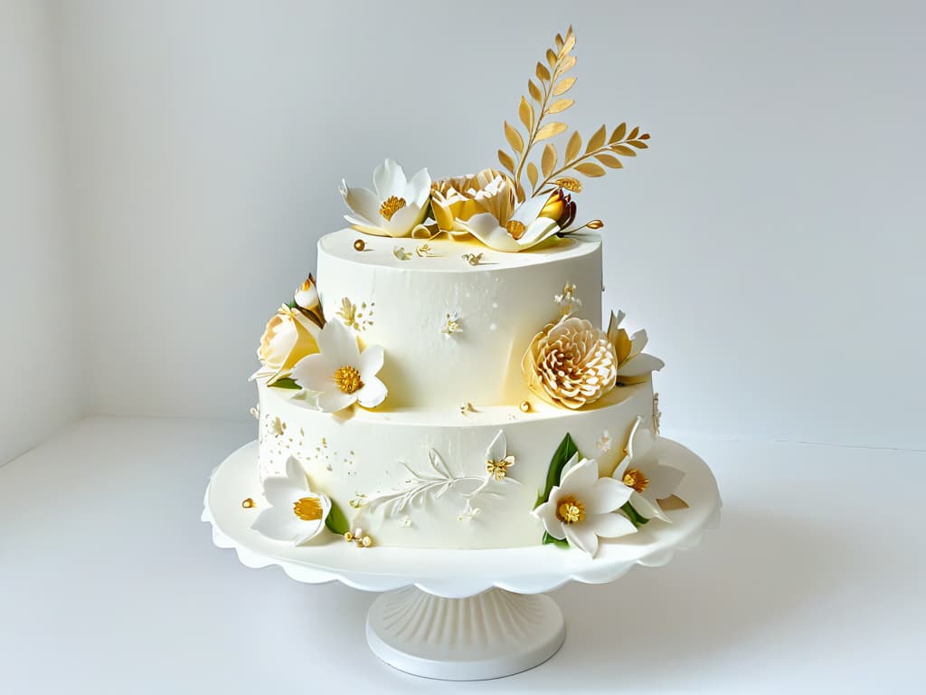  A closeup, ultradetailed image of a beautifully intricate cake decorated with delicate sugar flowers and gold leaf accents, set against a clean, minimalistic white backdrop. The cake is expertly crafted, showcasing the fine artistry and attention to detail that has emerged as a top trend in pandemicinspired baking. hyperrealistic, full body, detailed clothing, highly detailed, cinematic lighting, stunningly beautiful, intricate, sharp focus, f/1. 8, 85mm, (centered image composition), (professionally color graded), ((bright soft diffused light)), volumetric fog, trending on instagram, trending on tumblr, HDR 4K, 8K