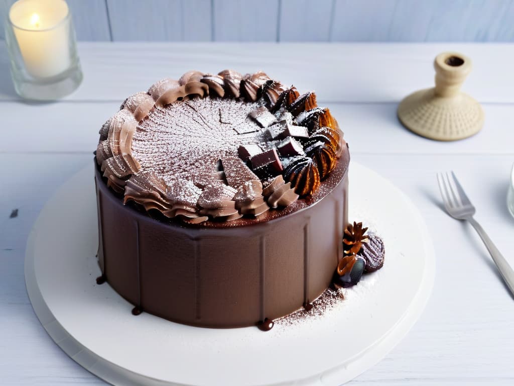  An ultradetailed closeup image of a rich, decadent piece of allergenfree chocolate cake topped with a delicate dusting of cocoa powder, placed on a sleek, modern white plate. The cake is perfectly moist, with layers of fluffy chocolate sponge and smooth, creamy frosting, exuding an irresistible aroma. The lighting is soft and warm, highlighting the intricate textures of the cake, making it a mouthwatering focal point that conveys the essence of indulgence and sophistication. hyperrealistic, full body, detailed clothing, highly detailed, cinematic lighting, stunningly beautiful, intricate, sharp focus, f/1. 8, 85mm, (centered image composition), (professionally color graded), ((bright soft diffused light)), volumetric fog, trending on instagram, trending on tumblr, HDR 4K, 8K