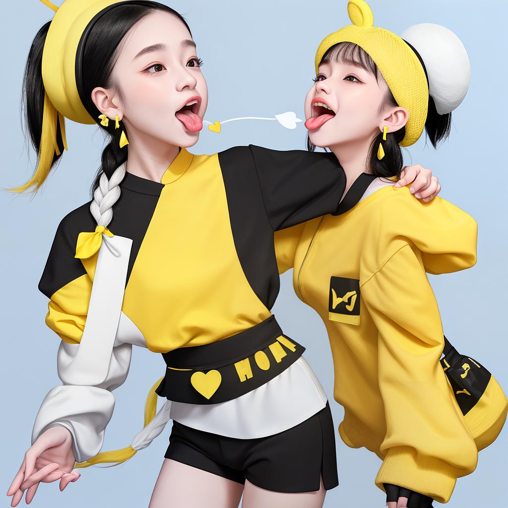  A young with a high ponytail, mouth open, tongue sticking out, black eyes and pale yellow skin, wearing a black mini and white short top, half s , hands holding a , tongue ing the glans, head wearing a light yellow hat, also wearing light blue heart earrings.