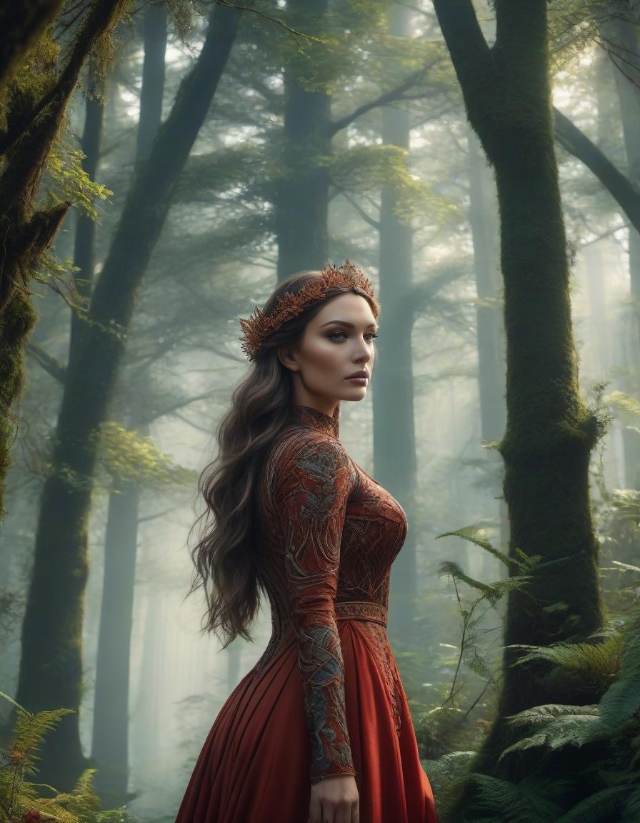  A stunning digital painting of a mysterious forest woman with intricate details, geometric patterns, and surreal elements. The artwork is highly detailed, photorealistic, and beautifully balanced, showcasing a masterful blend of fantasy and realism. hyperrealistic, full body, detailed clothing, highly detailed, cinematic lighting, stunningly beautiful, intricate, sharp focus, f/1. 8, 85mm, (centered image composition), (professionally color graded), ((bright soft diffused light)), volumetric fog, trending on instagram, trending on tumblr, HDR 4K, 8K