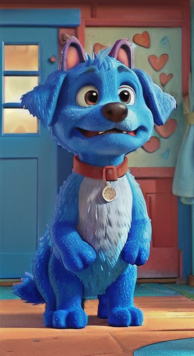  {Max the big blue dog standing in front of a cozy little house with a red door, The big blue dog is large with sky blue fur, big round eyes, a black nose, and floppy ears.