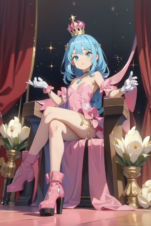   tween queens with giant s wearing extreme platform high heel boots, expensive diamond necklaces, sparkly crown, evening gloves, amd ty strapless mini dress, sitting on a lavish throne with younger sister