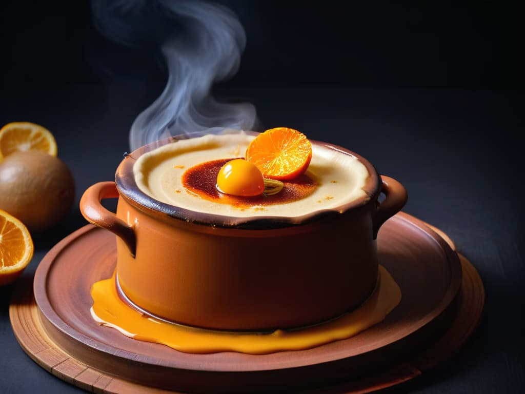  A minimalistic and highly detailed image of a perfectly caramelized Crema Catalana in a traditional clay pot, with a sprinkling of orange zest on top, set against a dark backdrop to enhance the vibrant colors and textures of the dessert. hyperrealistic, full body, detailed clothing, highly detailed, cinematic lighting, stunningly beautiful, intricate, sharp focus, f/1. 8, 85mm, (centered image composition), (professionally color graded), ((bright soft diffused light)), volumetric fog, trending on instagram, trending on tumblr, HDR 4K, 8K