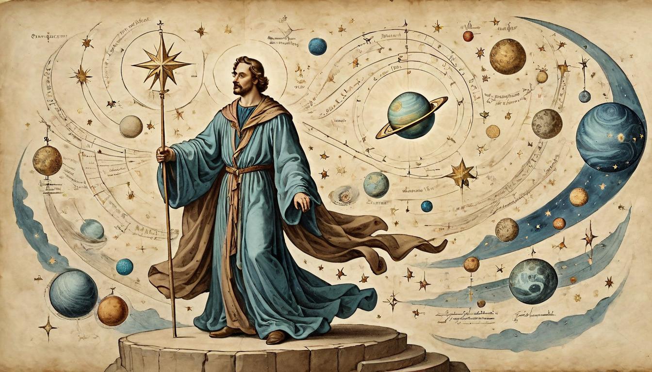  on parchment, surrealism+++, A celestial conductor, male figure, dressed in flowing robes, elevated on a podium made of stars, baton raised, cosmic dance of time, stars and planets swaying, ethereal, grandiose(mysterious, provocative, symbolic,muted color)+++