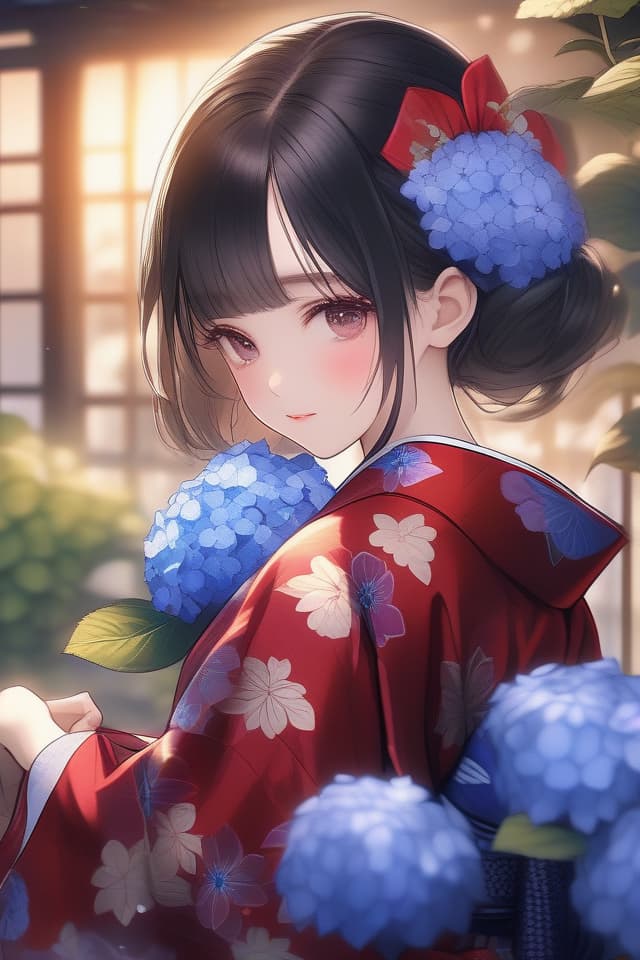  (Close up from the knee) Beautiful Girl with Black Hair, Doll, (Deep Red Kimono with Blue Hydrangea Pattern), Kimono with Long Furisode Sleep RPLE OBI, In Garden at Night, High Quality, 8k, 16k