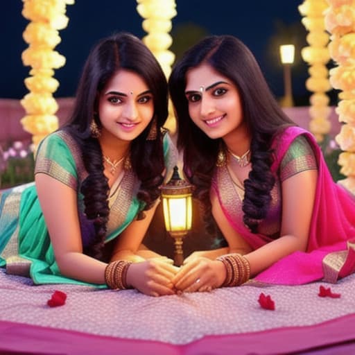  2 saree Girl's doing romance in night at flower bed at legs night lamp and jewellery body and full hair romantic eyes cute smile in 8d look