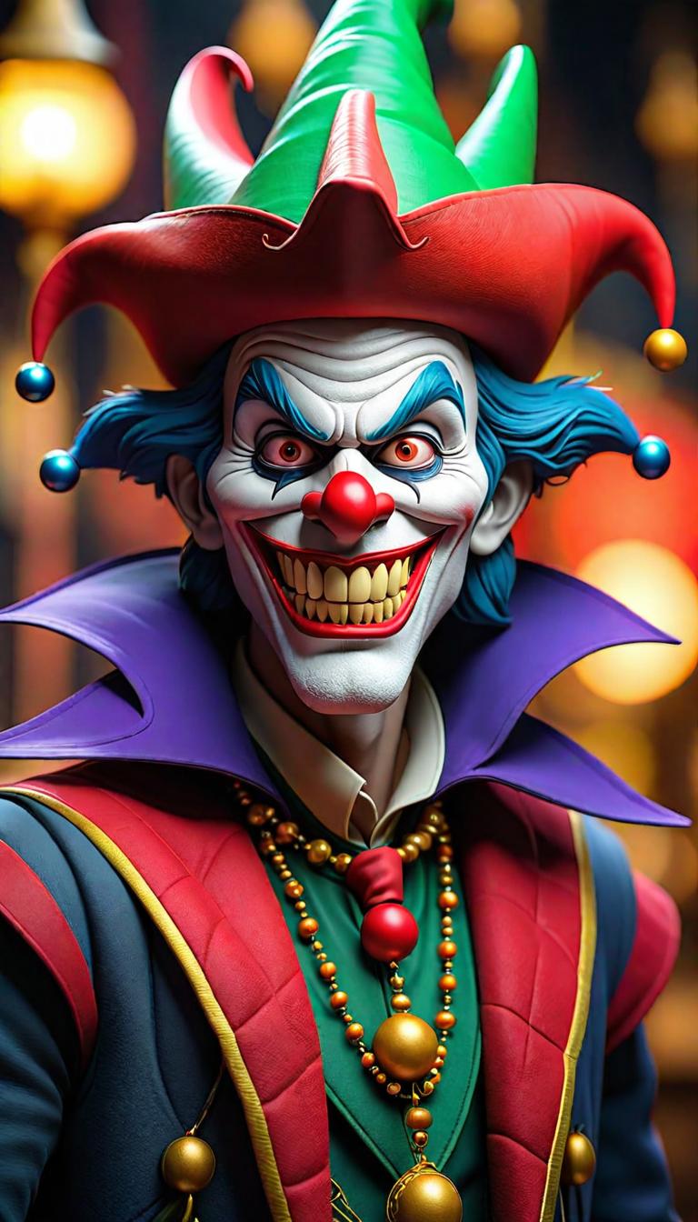  Professional 3D model of a sinister jester in a dark carnival. Dark, mysterious, scary, haunting, dramatic, ornate, detailed. . Rendered with Octane, the model is highly detailed,dramatic lighting. hyperrealistic, full body, detailed clothing, highly detailed, cinematic lighting, stunningly beautiful, intricate, sharp focus, f/1. 8, 85mm, (centered image composition), (professionally color graded), ((bright soft diffused light)), volumetric fog, trending on instagram, trending on tumblr, HDR 4K, 8K