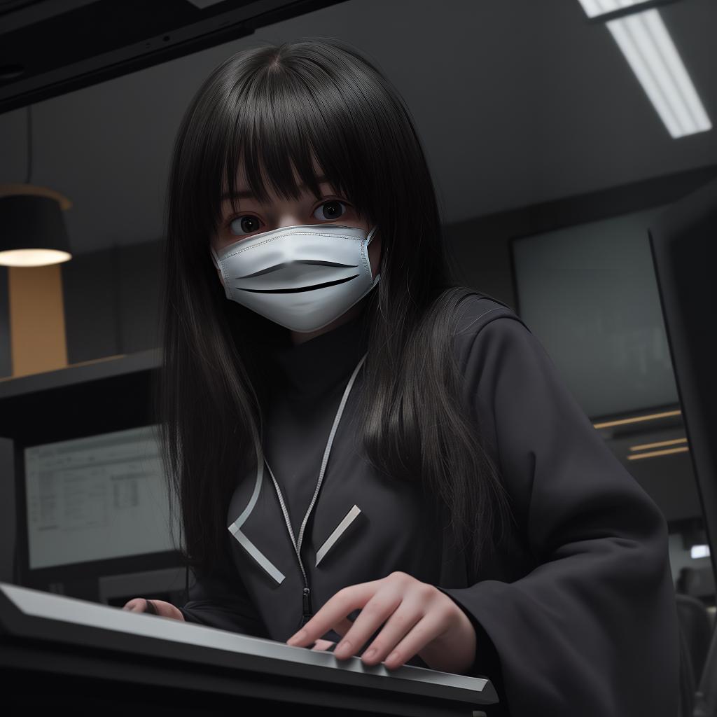  Masterpiece, best quality, an atmospheric poster design depicting a girl with a frightened expression, her eyes wide open in fear and a hand covering her mouth. The environment is a dimly lit room with only a table, computer equipment and glowing screens. The atmosphere is strange and suspenseful, mystery and danger lurking in the shadows. Behind the girl is a hacker wearing a creepy smile mask typing