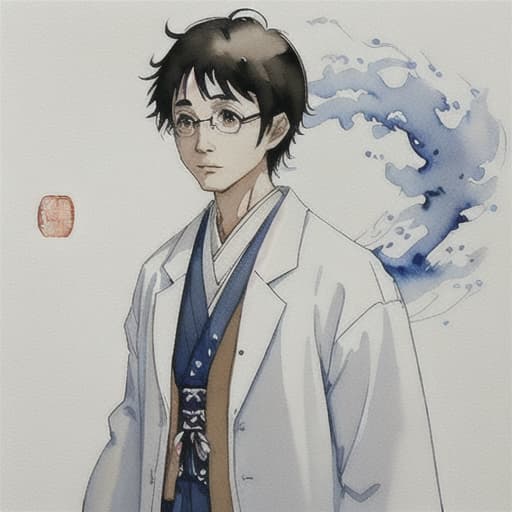  Japanese scientist wearing a white coat in a watercolor painting that looks like Harry Potter