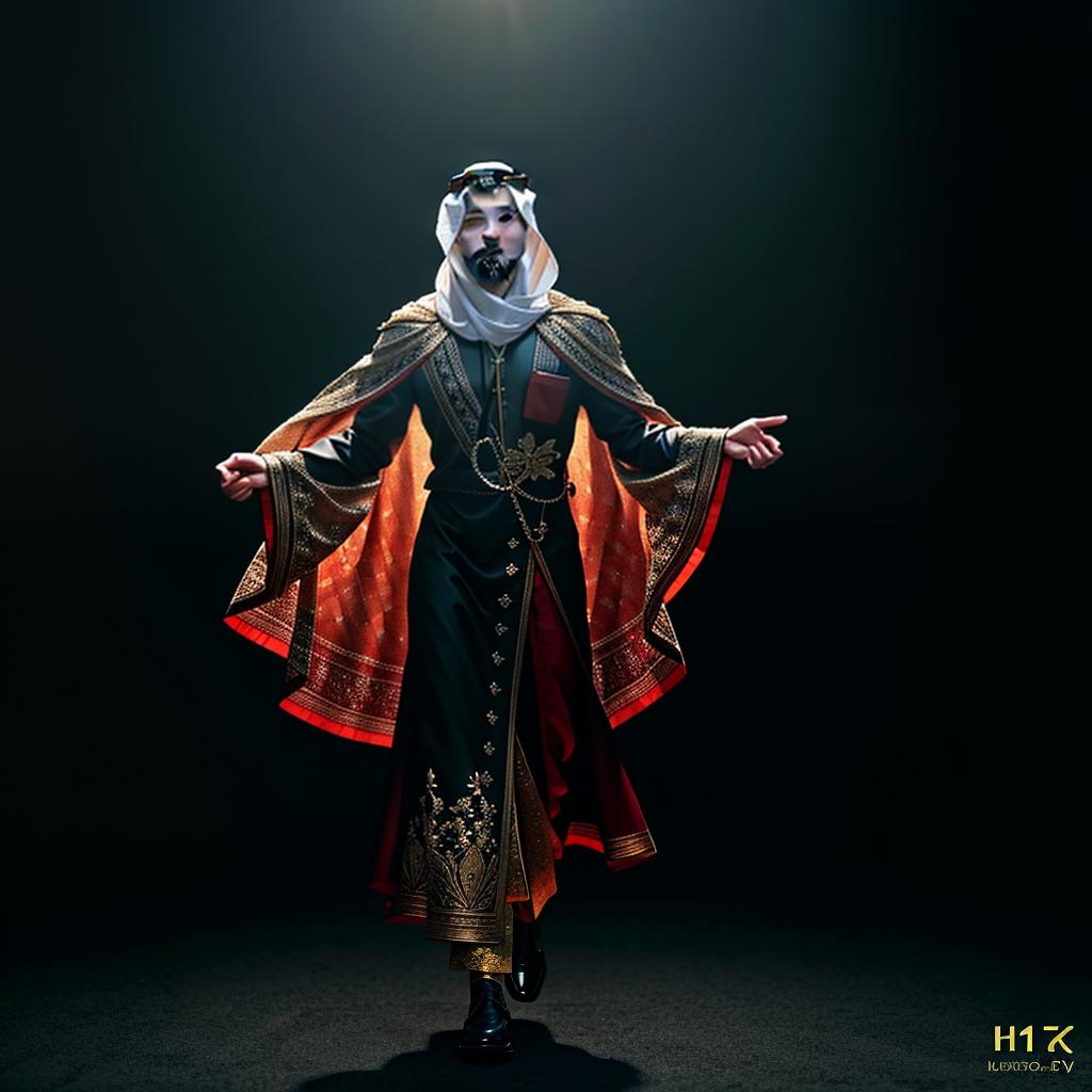  man arabic hyperrealistic, full body, detailed clothing, highly detailed, cinematic lighting, stunningly beautiful, intricate, sharp focus, f/1. 8, 85mm, (centered image composition), (professionally color graded), ((bright soft diffused light)), volumetric fog, trending on instagram, trending on tumblr, HDR 4K, 8K