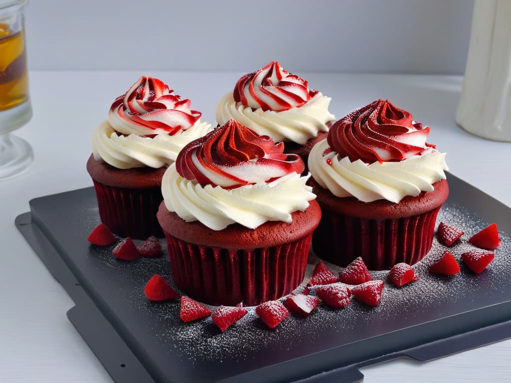  An ultradetailed closeup image of a decadent vegan red velvet cupcake topped with swirls of creamy dairyfree frosting, dusted with vibrant red velvet cake crumbs, and garnished with a plump juicy raspberry on a sleek black plate, set against a stark white background. hyperrealistic, full body, detailed clothing, highly detailed, cinematic lighting, stunningly beautiful, intricate, sharp focus, f/1. 8, 85mm, (centered image composition), (professionally color graded), ((bright soft diffused light)), volumetric fog, trending on instagram, trending on tumblr, HDR 4K, 8K