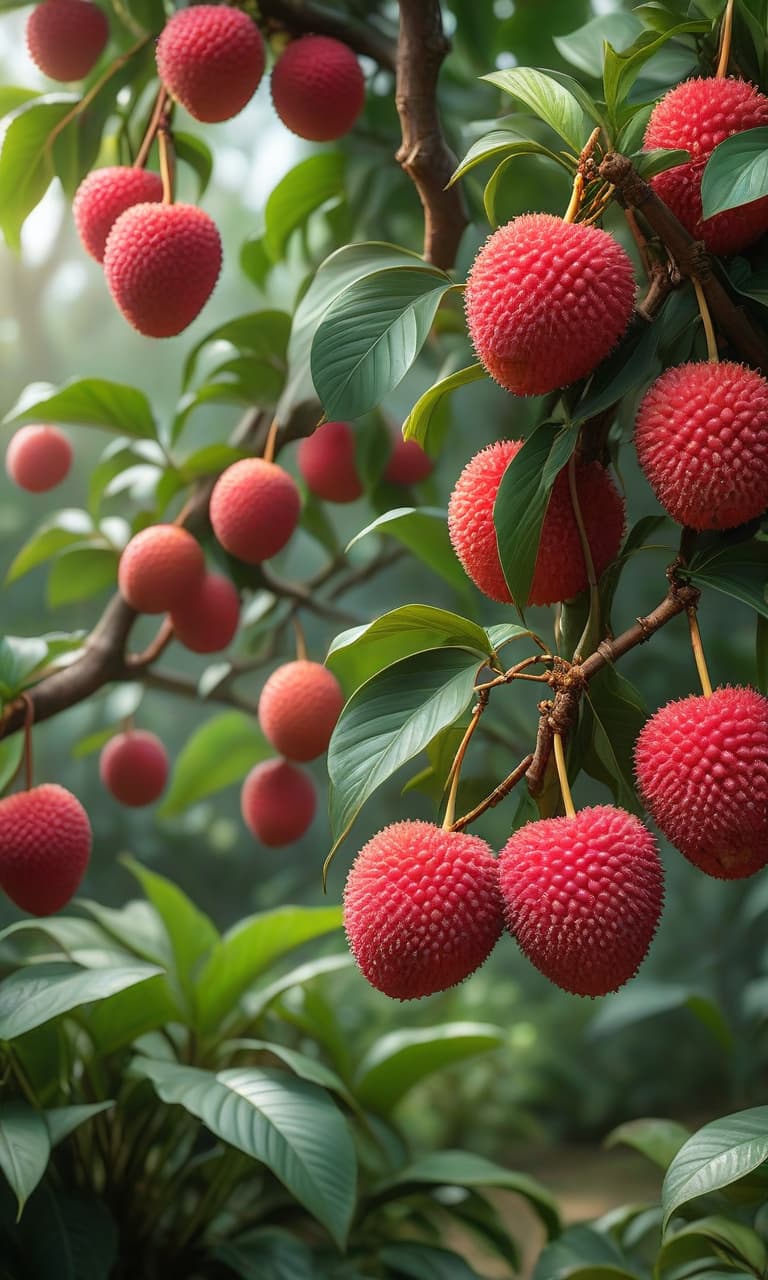  hyperrealistic art A garden with a large number of lychee fruits. . extremely high resolution details, photographic, realism pushed to extreme, fine texture, incredibly lifelike hyperrealistic, full body, detailed clothing, highly detailed, cinematic lighting, stunningly beautiful, intricate, sharp focus, f/1. 8, 85mm, (centered image composition), (professionally color graded), ((bright soft diffused light)), volumetric fog, trending on instagram, trending on tumblr, HDR 4K, 8K