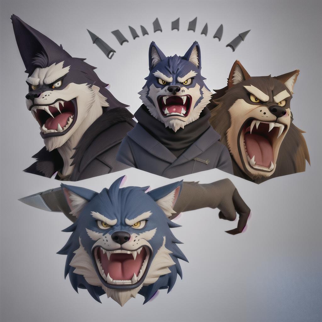  Animal image anthropomorphic, bad guy, knife-wielding, scar on face, single person, wolf head, three-angle view, angry, ferocious expression