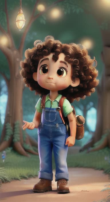  {The tree shining brightly and releasing a gentle, magical light., Riley, a curious with big brown eyes and curly hair, wearing overalls and carrying a small backpack. Their friend, Skye, a bluebird with shiny feathers.