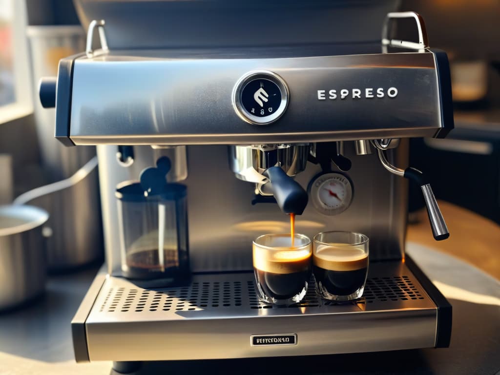  A closeup, ultradetailed image of a sleek, highend espresso machine in a modern kitchen setting. The machine features a polished chrome finish, with steam swirling out of its spout as rich, aromatic espresso is being brewed into a delicate, translucent cup. The background is softly blurred, highlighting the elegant simplicity of the machine's design and the artistry of the espressomaking process. hyperrealistic, full body, detailed clothing, highly detailed, cinematic lighting, stunningly beautiful, intricate, sharp focus, f/1. 8, 85mm, (centered image composition), (professionally color graded), ((bright soft diffused light)), volumetric fog, trending on instagram, trending on tumblr, HDR 4K, 8K