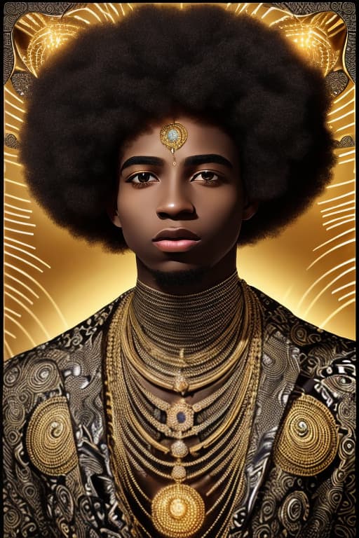  Portrait of young black man with glowing jewels, afro - futurist style, intricate