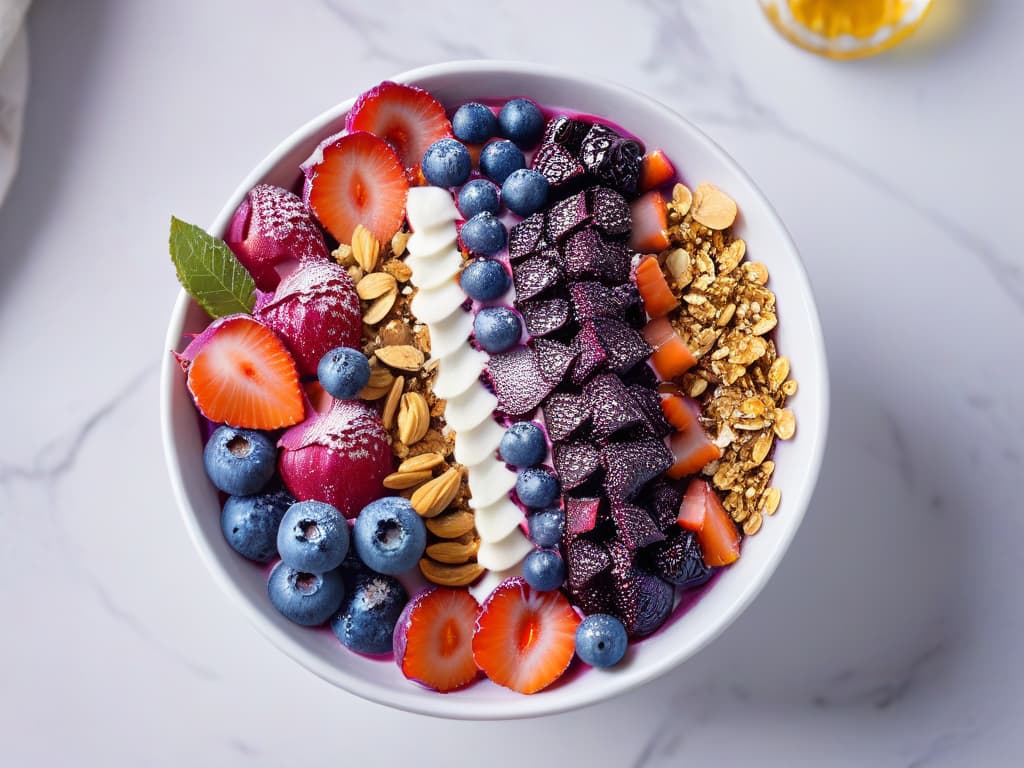  An ultrahighresolution image of a vibrant açaí bowl topped with fresh berries, granola, and a drizzle of honey, set against a sleek white marble background. The rich purple hues of the açaí blend beautifully with the colorful toppings, creating a visually striking and appetizing composition that embodies the essence of healthy and exotic dessert creations. hyperrealistic, full body, detailed clothing, highly detailed, cinematic lighting, stunningly beautiful, intricate, sharp focus, f/1. 8, 85mm, (centered image composition), (professionally color graded), ((bright soft diffused light)), volumetric fog, trending on instagram, trending on tumblr, HDR 4K, 8K