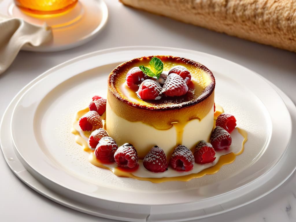  A closeup, ultradetailed image of a perfectly crafted crème brûlée with a golden caramelized crust, delicately sprinkled with fresh raspberries and mint leaves, all set on a sleek, modern, white plate. The glossy surface of the dessert reflects the soft lighting, highlighting the intricate textures and vibrant colors of this decadent sweet treat. hyperrealistic, full body, detailed clothing, highly detailed, cinematic lighting, stunningly beautiful, intricate, sharp focus, f/1. 8, 85mm, (centered image composition), (professionally color graded), ((bright soft diffused light)), volumetric fog, trending on instagram, trending on tumblr, HDR 4K, 8K