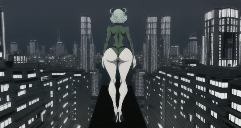  4k, Anime , tatsumaki, clueless of the viewer, huge ass in slutty long black legs that barely cover her long toned curvy legs, striding pose, tight legs, view from behind, cityscape