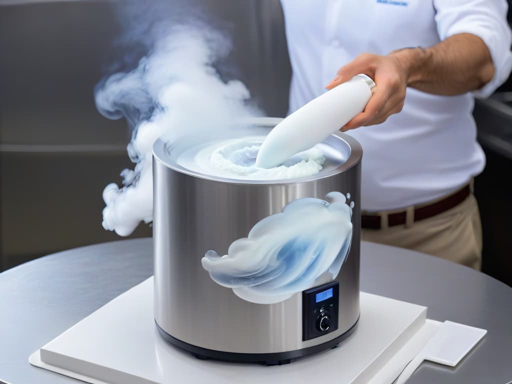  A minimalistic image of a sleek stainless steel canister of liquid nitrogen with a soft, icy vapor swirling gently around it. The background is a clean, white surface, emphasizing the futuristic and professional aspect of using liquid nitrogen in pastry making. hyperrealistic, full body, detailed clothing, highly detailed, cinematic lighting, stunningly beautiful, intricate, sharp focus, f/1. 8, 85mm, (centered image composition), (professionally color graded), ((bright soft diffused light)), volumetric fog, trending on instagram, trending on tumblr, HDR 4K, 8K