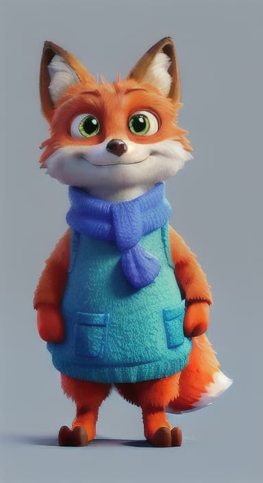  {Error the fox pressing the blue button with his paw, looking puzzled as nothing occurs., Error is a small, bright orange fox with a fluffy tail and big, inquisitive eyes. He has a mischievous yet kind expression and wears a tiny green scarf.