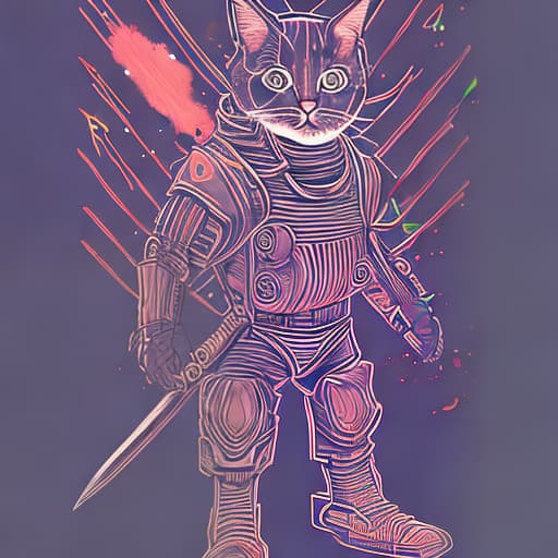nvinkpunk futuristic cat warrior with a sword and machine gun