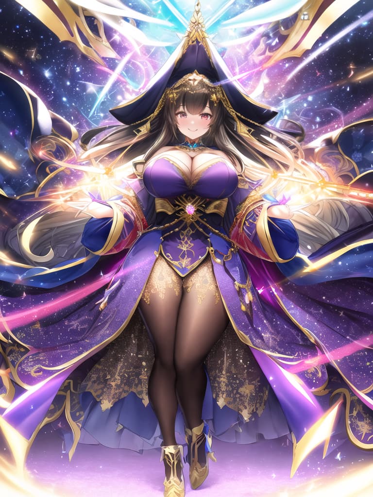  , masterpiece, high quality, 4K, HDR, anime, plump magical , age 25 BREAK chubby, , visible s, smiling face, colorful costume, glowing wand at her , magical pose, expression, exaggerated features, detailed background with stars, BREAK symmetry, hyper realistic, highly detailed, highly detailed clothing, beautiful, intricate, (full body), (professionally color graded), (centered image composition), (bright lighting),  hyperrealistic, full body, detailed clothing, highly detailed, cinematic lighting, stunningly beautiful, intricate, sharp focus, f/1. 8, 85mm, (centered image composition), (professionally color graded), ((bright soft diffused light)), volumetric fog, trending on instagram, trending on tumblr, HDR 4K, 8K