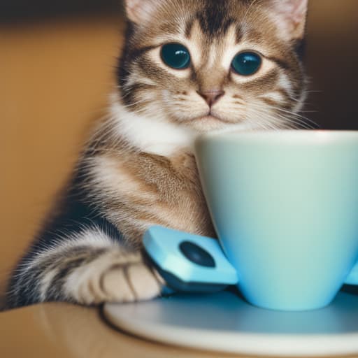 analog style kitten with headphones sitting next to a cup of coffee