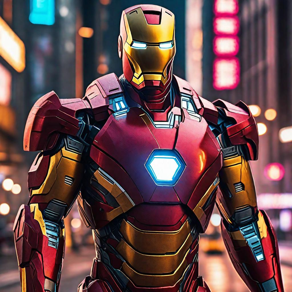  masterpiece, best quality, masterpiece, 8k resolution, realistic, highly detailed, Iron Man close-up. He stands on a street lined with tall buildings in a cyberpunk style city at night. The city's night lights are bright, and the surrounding buildings and streets are full of cyberpunk elements such as neon lights, high-tech equipment and futuristic architectural design.