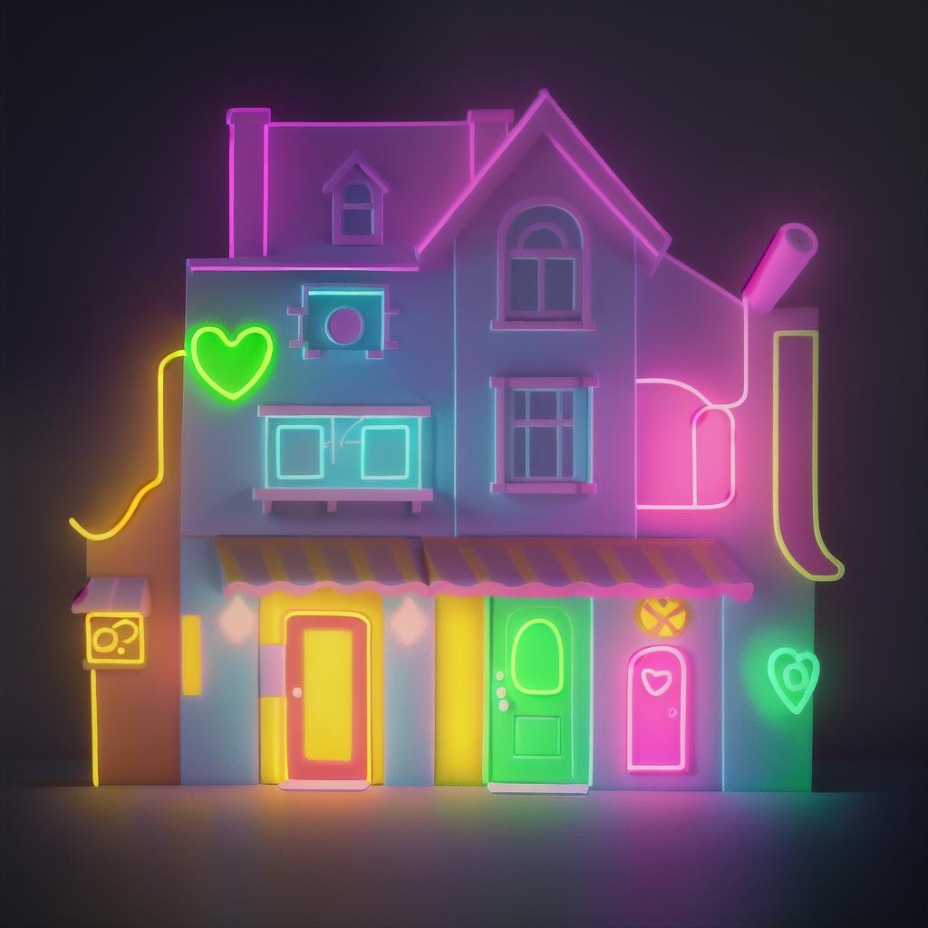  masterpiece, best quality, unskilled drawing, two-dimensional, 2D, 2-D, drawing, undetailed, one-line drawing, neon illustration style, very simple, undetailed neon house with a heart drawing, neon details only, no background images, few details, all captured in stunning 8k resolution, bright colors, dark background