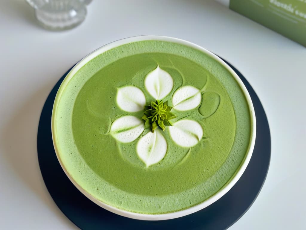  A closeup, ultradetailed image of a delicate, intricately designed matcha green tea latte art in a white ceramic cup on a sleek, modern black saucer. The foam on the matcha latte is perfectly swirled into a mesmerizing pattern resembling a blooming flower, with tiny matcha powder particles dusted on top creating a subtle, elegant contrast against the light green foam. The focus is so sharp that each tiny bubble in the foam is crystal clear, and the vibrant green hue of the matcha is rich and inviting. The overall aesthetic is minimalistic, sophisticated, and visually captivating, making it an ideal fit for the article's theme of adapting traditional recipes with matcha in a professional and inspiring manner. hyperrealistic, full body, detailed clothing, highly detailed, cinematic lighting, stunningly beautiful, intricate, sharp focus, f/1. 8, 85mm, (centered image composition), (professionally color graded), ((bright soft diffused light)), volumetric fog, trending on instagram, trending on tumblr, HDR 4K, 8K