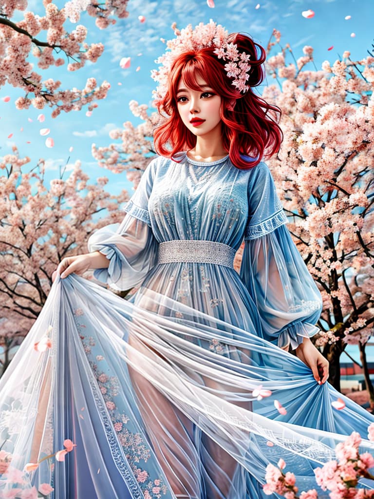  Masterpiece, best quality: 1.4, high rise, 8k resolution, more detailed, 3D rendering, 1 girl, big eyes, red hair, cherry blossom tree background, night, hyperrealistic, full body, detailed clothing, highly detailed, cinematic lighting, stunningly beautiful, intricate, sharp focus, f/1. 8, 85mm, (centered image composition), (professionally color graded), ((bright soft diffused light)), volumetric fog, trending on instagram, trending on tumblr, HDR 4K, 8K