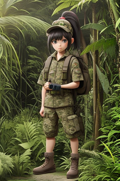  Camouflage, full body, background jungle, rifle, ponytail, odd eyes, big eyes, two , .