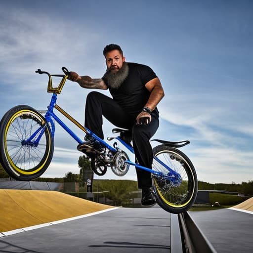 portrait+ style Bearded man riding 80’s bmx on ramps hyperrealistic, full body, detailed clothing, highly detailed, cinematic lighting, stunningly beautiful, intricate, sharp focus, f/1. 8, 85mm, (centered image composition), (professionally color graded), ((bright soft diffused light)), volumetric fog, trending on instagram, trending on tumblr, HDR 4K, 8K