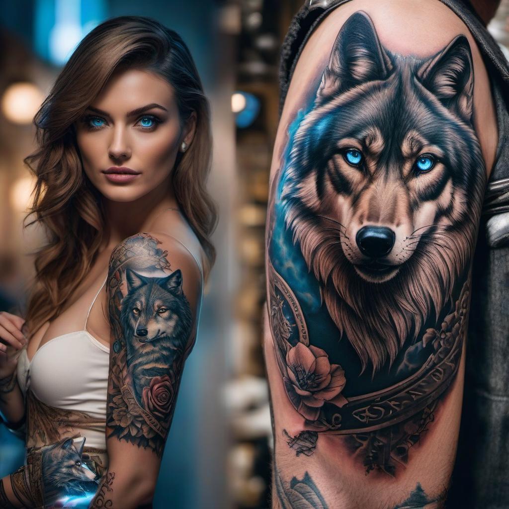  A girl with blue eyes and a tattoo of a narrow book on her wrist asks a man with dimples on his cheeks and a tattoo of a wolf with blue eyes on his shoulder. hyperrealistic, full body, detailed clothing, highly detailed, cinematic lighting, stunningly beautiful, intricate, sharp focus, f/1. 8, 85mm, (centered image composition), (professionally color graded), ((bright soft diffused light)), volumetric fog, trending on instagram, trending on tumblr, HDR 4K, 8K