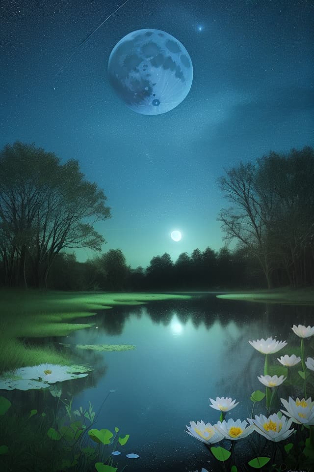  Moonlit night, many flowers, mystery, the sky, the starry sky, the trees are growing a little, the ponds are on the shores and large moon