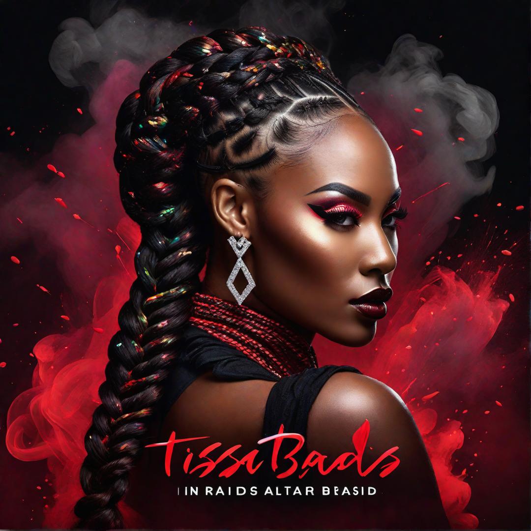  "Tisa Braids" surrounded in red and black smoke, 3D colorful splash of color, metallic text written in diamonds surrounded with braids, dark smokey background, brown skinned woman, with long braids, holding a rattail comb and clips up behind the text, "Tisa Baids" written in diamond script,. include black rubies and diamonds in backgroundall in front of the Sun, written in legible script,"The Hottest Braider UnderThe Sun" - @TheeFunkyQB (fast) hyperrealistic, full body, detailed clothing, highly detailed, cinematic lighting, stunningly beautiful, intricate, sharp focus, f/1. 8, 85mm, (centered image composition), (professionally color graded), ((bright soft diffused light)), volumetric fog, trending on instagram, trending on tumblr, HDR 4K, 8K