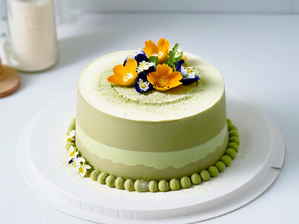  An elegant, minimalistic image of a perfectly layered tiramisu dessert made with vibrant green matcha powder, topped with delicate edible flowers and dusted with a light sprinkle of matcha powder on a sleek, modern plate. The dessert is set against a clean, white background, with soft natural lighting highlighting the textured layers of the tiramisu, creating a visually stunning and appetizing composition that exudes gourmet sophistication and culinary artistry. hyperrealistic, full body, detailed clothing, highly detailed, cinematic lighting, stunningly beautiful, intricate, sharp focus, f/1. 8, 85mm, (centered image composition), (professionally color graded), ((bright soft diffused light)), volumetric fog, trending on instagram, trending on tumblr, HDR 4K, 8K