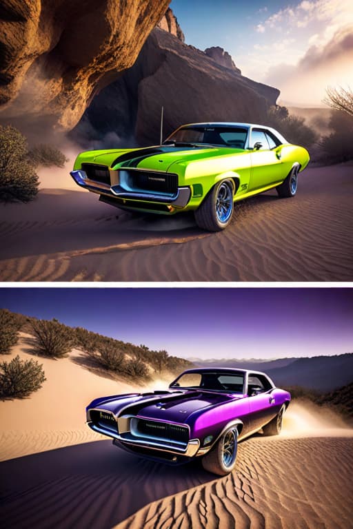  Aggressive,1969 Mercury Cougar,Purple,drifting in dirt,Sandia mountains New Mexico,wide angle, 4k, 8k, high definition hyperrealistic, full body, detailed clothing, highly detailed, cinematic lighting, stunningly beautiful, intricate, sharp focus, f/1. 8, 85mm, (centered image composition), (professionally color graded), ((bright soft diffused light)), volumetric fog, trending on instagram, trending on tumblr, HDR 4K, 8K