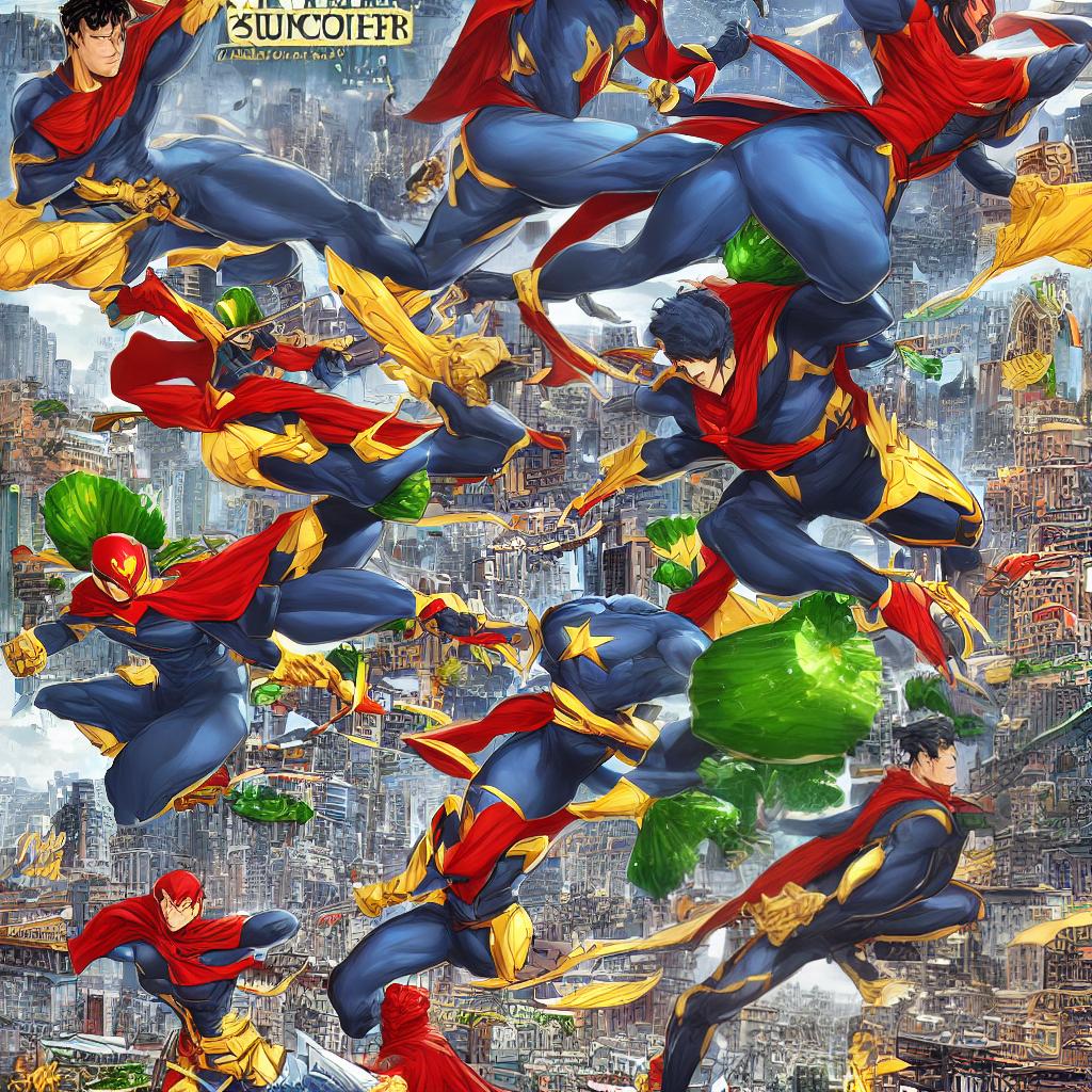  A golden age comic style superhero with pale skin, jet black hair, and blue skinsuit, wearing a red cape, is ((prominently eating a zucchini)). The superhero ((looks determined and powerful)). The background of the scene shows a cityscape with tall buildings and bustling streets. The lighting is ((bright and vibrant)), highlighting the superhero's heroic presence. The artwork is in ((the style of a classic comic book cover)), with bold lines and vibrant colors. This masterpiece is created with (((best quality))), providing an ((ultra-detailed)) and ((highly realistic)) portrayal of the superhero. The image is rendered in (((8k resolution))), allowing for every intricate detail to be captured. hyperrealistic, full body, detailed clothing, highly detailed, cinematic lighting, stunningly beautiful, intricate, sharp focus, f/1. 8, 85mm, (centered image composition), (professionally color graded), ((bright soft diffused light)), volumetric fog, trending on instagram, trending on tumblr, HDR 4K, 8K