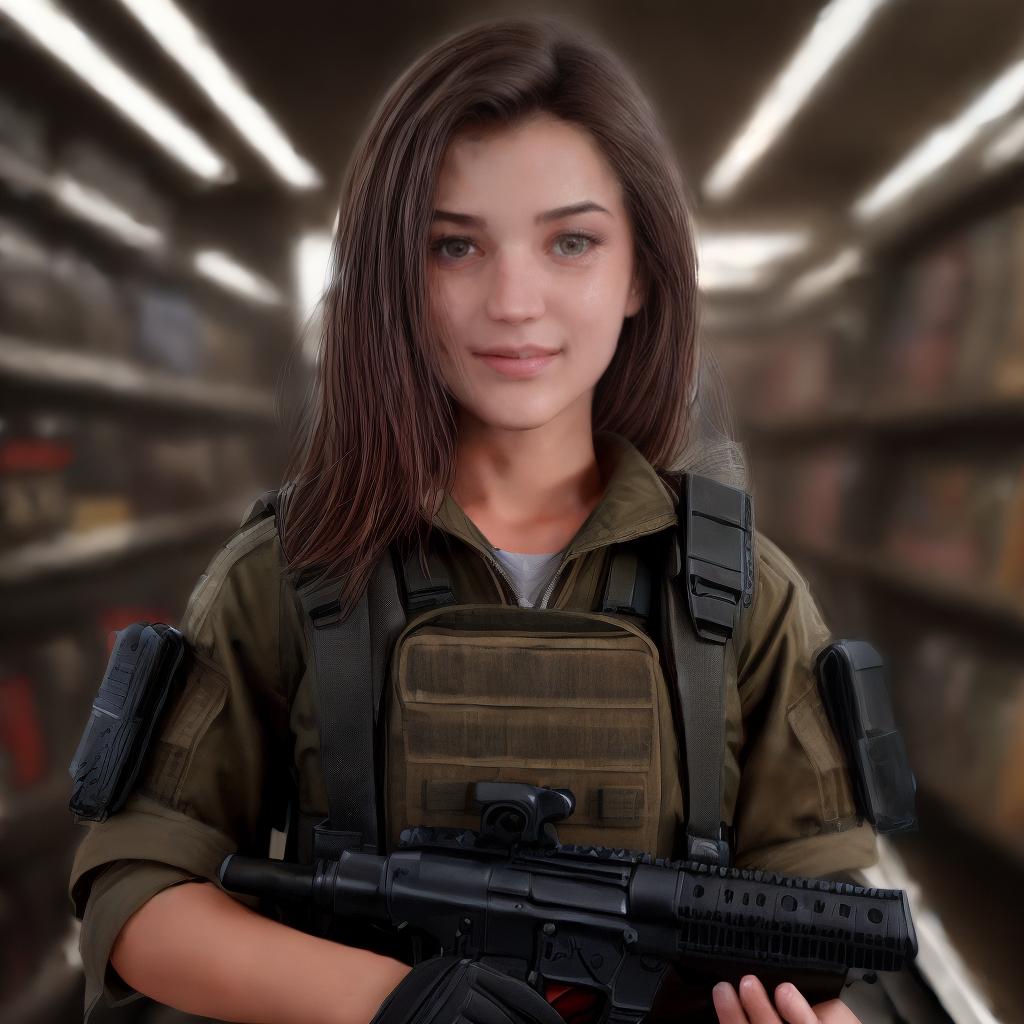  Female shopper browsing a well lit weapon store with high resolution detail, wearing tactical gear and holding a handgun in her right hand. The background features shelves filled with firearms and ammunition, with a gritty and intense atmosphere. style RAW, styles for printing, advanced detail processing, best quality, ultrahigh resolution, highly detailed, (sharp focus), masterpiece, (centered image composition), (professionally color graded), ((bright soft diffused light)), trending on instagram, trending on tumblr, HDR 4K