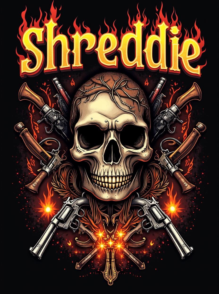  good quality, high quality, metal shirt design. there are designs related to metal music. fire and melting design. organs are strewn about. the letters "shreddie" on top of the design with epic font. wild western themes and design elements are on the shirt as well. revolvers and outlaw elements.